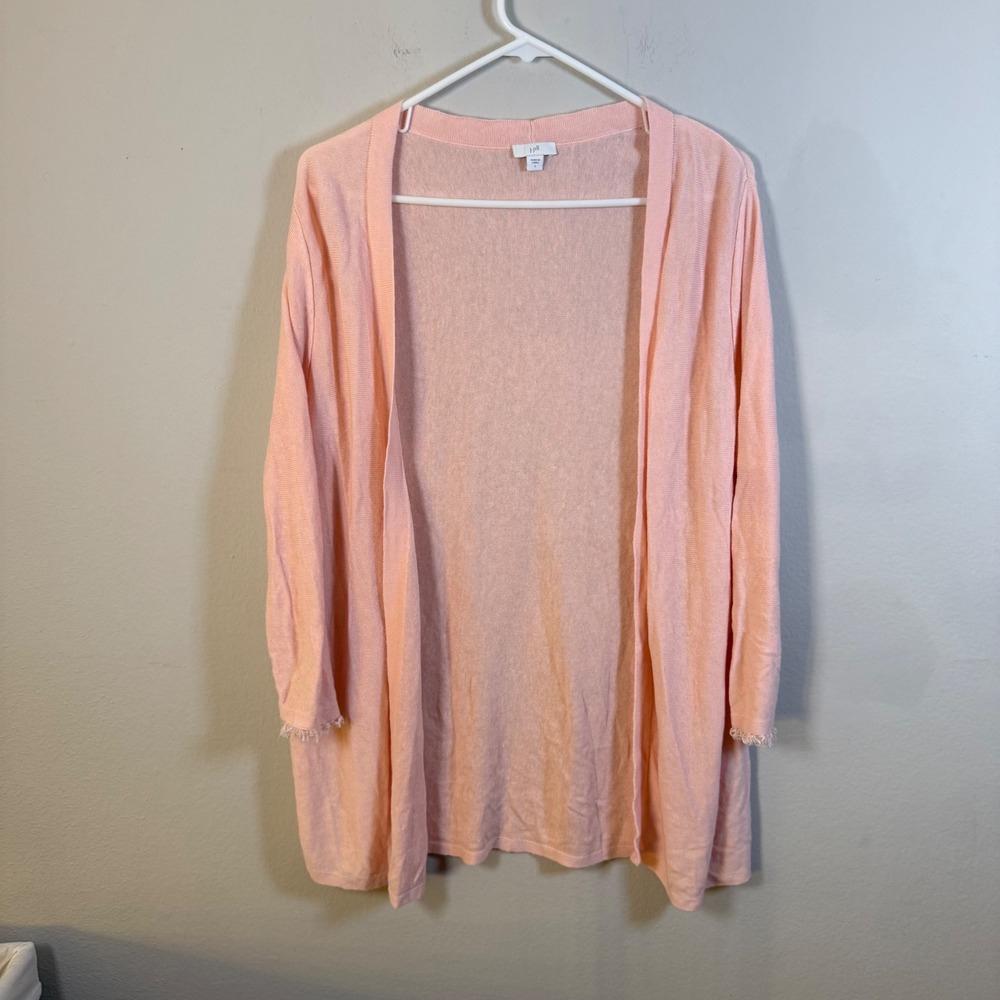 J. Jill Peach Linen Blend Open Front Cardigan Fringe Cuff Longline Pink Large